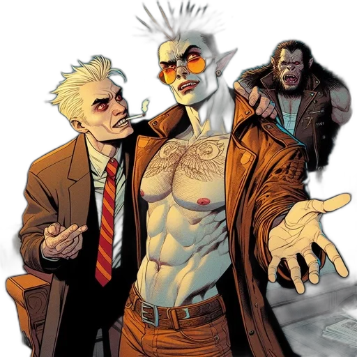 jacket, comic book art, concept art, cyberpunk, cartoon, three, distinct, characters transparent PNG cut-out