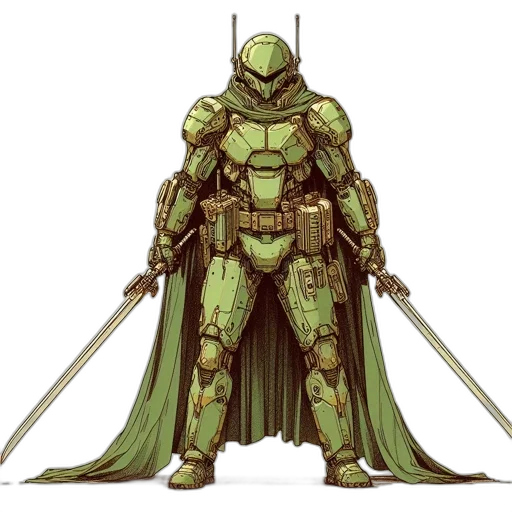sword, robot, concept art, comic book art, fantasy art, pixel art, green, earth tones transparent PNG cut-out