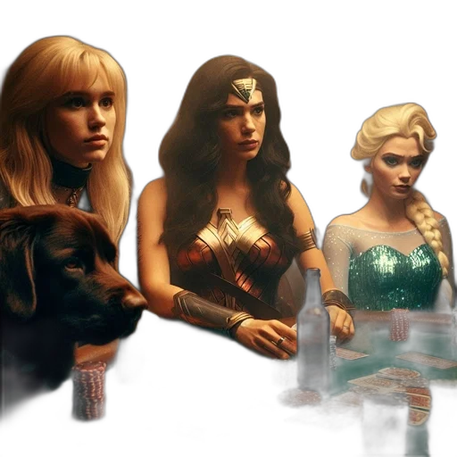 concept art, comic book art, fantasy art, 3d render, three, women, one, dressed transparent PNG cut-out
