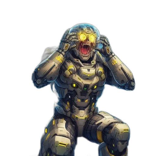 robot, creature, mask, weapon, concept art, pixel art, comic book art, 3d render transparent PNG cut-out