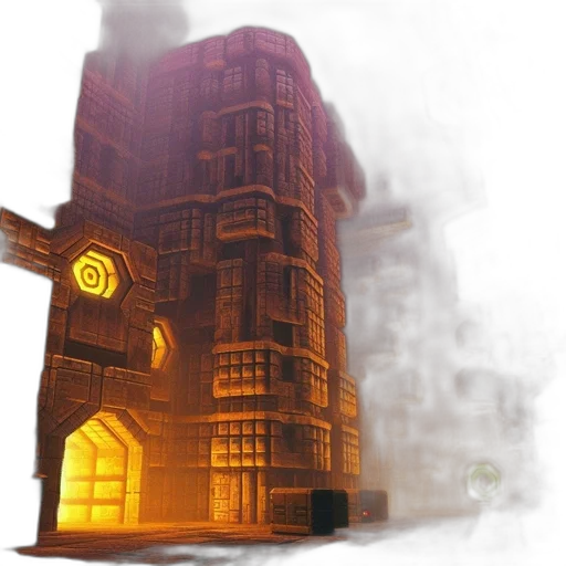 building, robot, concept art, 3d render, fantasy art, photorealistic, city street, fog transparent PNG cut-out