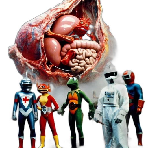 robot, food, creature, concept art, comic book art, outer space, five, diverse transparent PNG cut-out