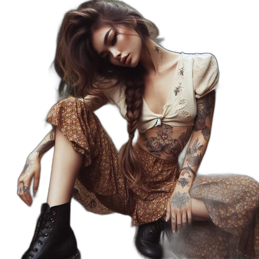dress, hair, jacket, shoes, photorealistic, cyberpunk, concept art, earth tones transparent PNG cut-out
