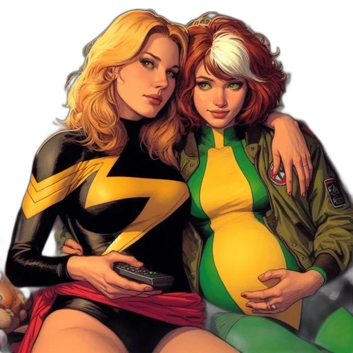 comic book art, concept art, neon lights, golden, two, animated, females, sit transparent PNG cut-out