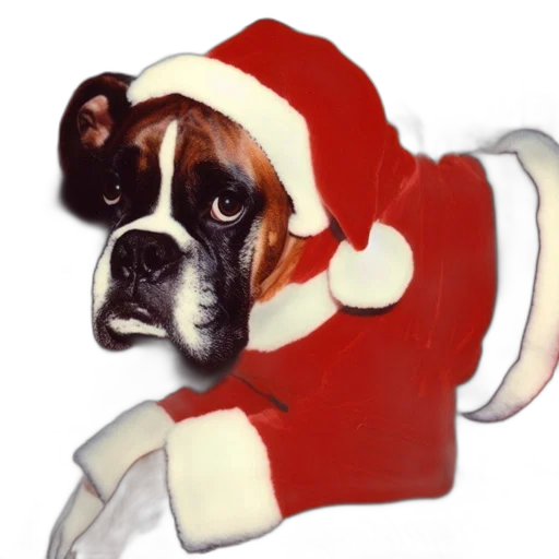 photorealistic, adorable, boxer, dog, dons, santa, outfit, playful transparent PNG cut-out