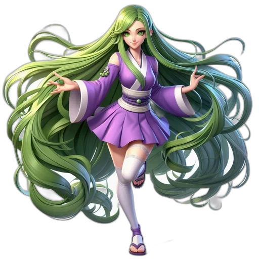 dress, hair, staff, concept art, fantasy art, 3d render, anime, green transparent PNG cut-out