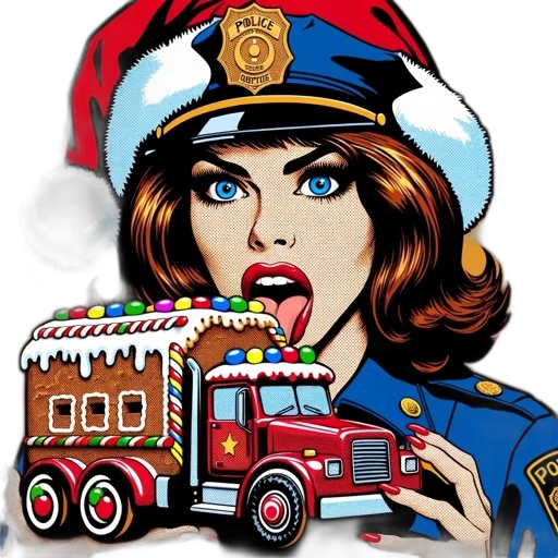 cartoon, pop, art, rendition, shows, female, cop, santa transparent PNG cut-out