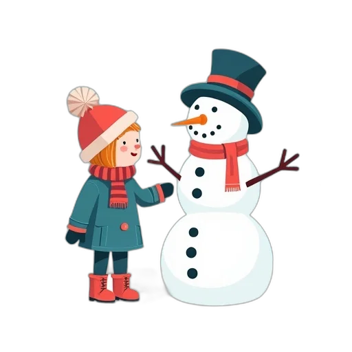cartoon, pixel art, snow, girl, makes, snowman, illustration, flat transparent PNG cut-out