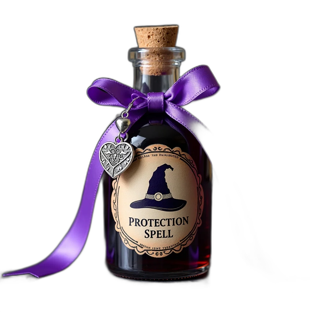 bottle, 3d render, glass, cork, stopper, purple, ribbon, tied transparent PNG cut-out