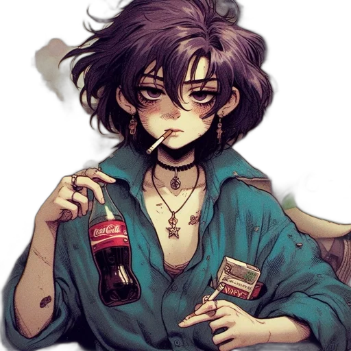 bottle, jacket, anime, cyberpunk, vaporwave, watercolor, dark, red transparent PNG cut-out