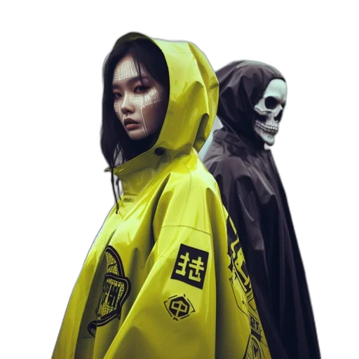 jacket, mask, face, cyberpunk, concept art, photorealistic, 3d render, monochrome transparent PNG cut-out