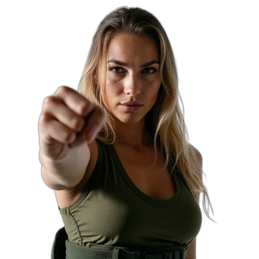 weapon, staff, jacket, face, photorealistic, female, army, fighter transparent PNG cut-out