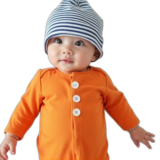 jacket, hat, photorealistic, baby, orange, romper, blue, stripes transparent PNG cut-out
