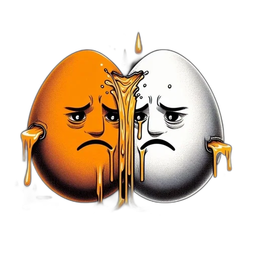 photorealistic, two, anthropomorphized, eggs, one, yellow, sad, face transparent PNG cut-out