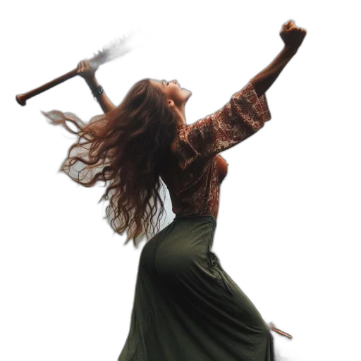 dress, hair, staff, sword, image, portrays, woman, misty transparent PNG cut-out