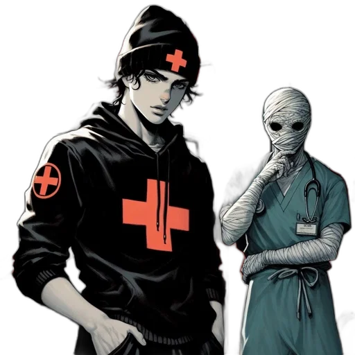 staff, jacket, mask, comic book art, concept art, pixel art, cyberpunk, two transparent PNG cut-out