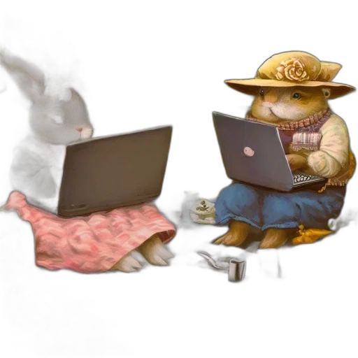 furniture, concept art, fantasy art, 3d render, two, anthropomorphic, animals, rabbit transparent PNG cut-out