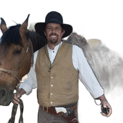 animal, photorealistic, cowboy, stands, next, his, horse, wearing transparent PNG cut-out