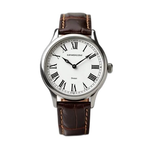 black, leather, wristwatch, white, face, roman, numerals, displayed transparent PNG cut-out