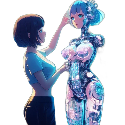 robot, dress, weapon, bottle, concept art, cyberpunk, vaporwave, anime transparent PNG cut-out