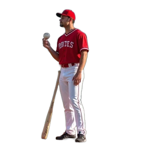 staff, weapon, baseball, player, red, jersey, white, pants transparent PNG cut-out