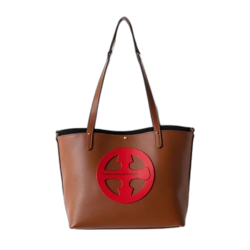 brown, leather, handbag, black, interior, red, logo, front transparent PNG cut-out