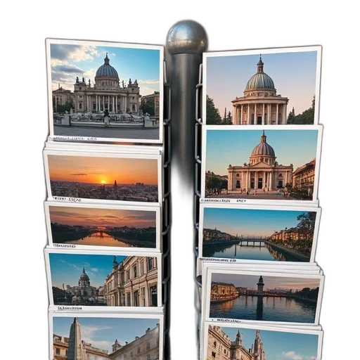 photorealistic, collection, postcards, displayed, rack, feature, various, scenes transparent PNG cut-out