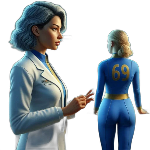 staff, jacket, concept art, comic book art, 3d render, fantasy art, blue, woman transparent PNG cut-out