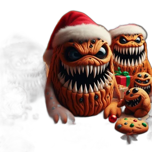 concept art, 3d render, ensemble, mischievous, gingerbread, monsters, donning, festive transparent PNG cut-out