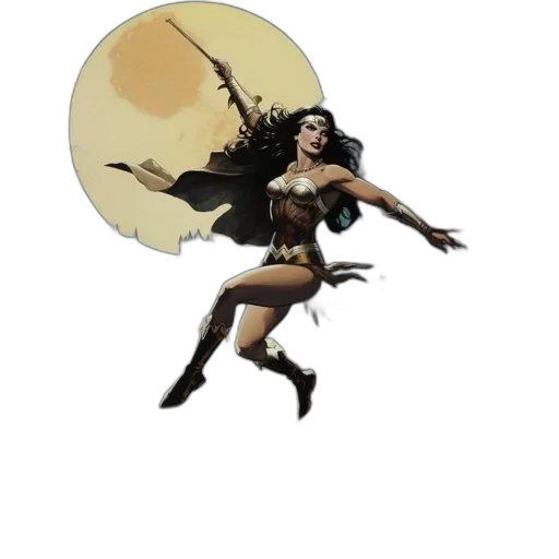 comic book art, concept art, fantasy art, cartoon, earth tones, wonder, woman, flies transparent PNG cut-out