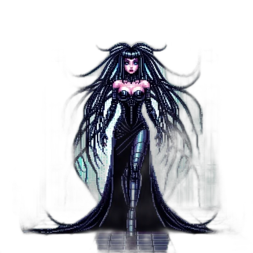 dress, creature, hair, staff, concept art, fantasy art, pixel art, cyberpunk transparent PNG cut-out