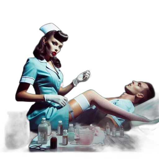 concept art, neon lights, outer space, gloomy, atmosphere, vintage-attired, nurse, prepares transparent PNG cut-out