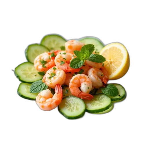 food, photorealistic, 3d render, plate, shrimp, salad, cucumber, slices transparent PNG cut-out