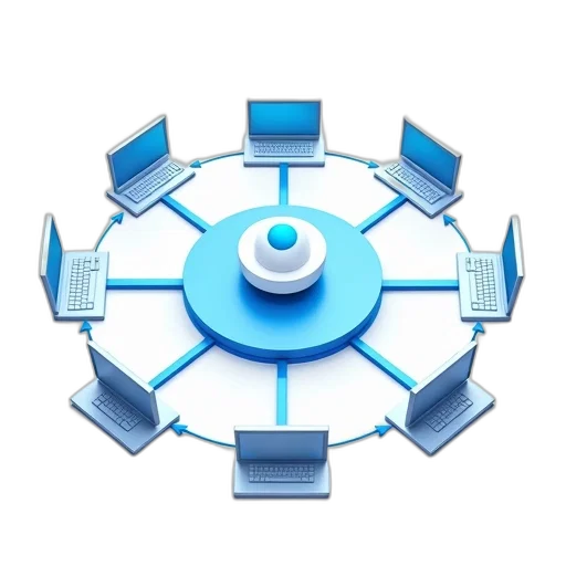 3d render, blue, stylized, illustration, computer, network, central, hub transparent PNG cut-out