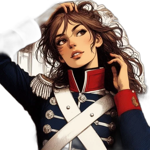 jacket, crown, comic book art, concept art, fantasy art, watercolor, woman, uniform transparent PNG cut-out