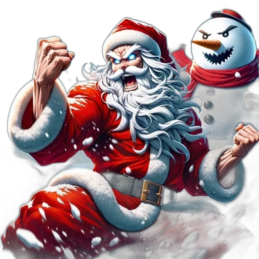 concept art, photorealistic, fantasy art, wintry, scene, fiercely-faced, santa, wields transparent PNG cut-out