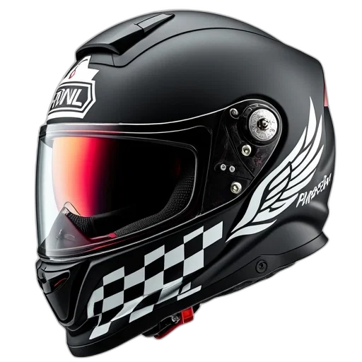 3d render, photorealistic, black, motorcycle, helmet, checkered, pattern, lower transparent PNG cut-out