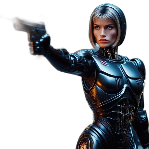 robot, concept art, comic book art, 3d render, cyberpunk, female, character, futuristic transparent PNG cut-out