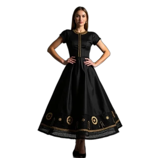 dress, dark, woman, wearing, black, fitted, bodice, short transparent PNG cut-out