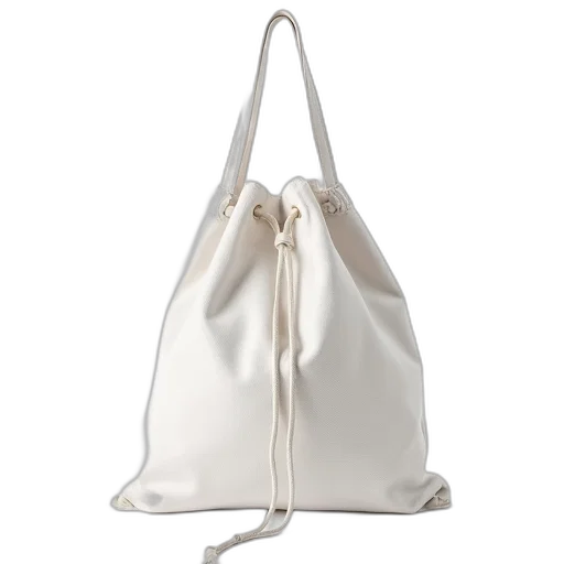 plain, white, tote, bag, drawstring, closure, displayed, against transparent PNG cut-out