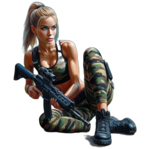 weapon, pixel art, concept art, comic book art, photorealistic, woman, camouflage, gear transparent PNG cut-out