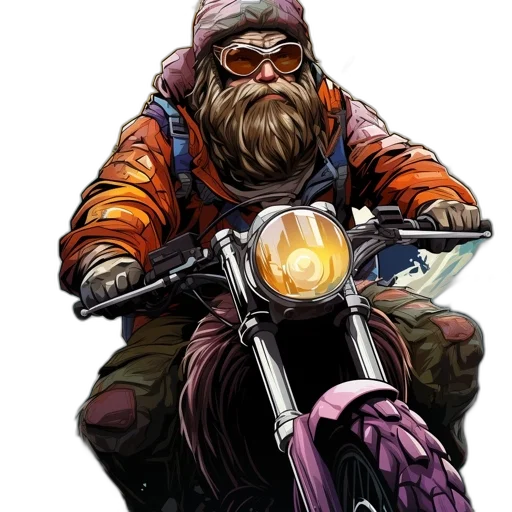 jacket, comic book art, concept art, fantasy art, photorealistic, bearded, man, rides transparent PNG cut-out