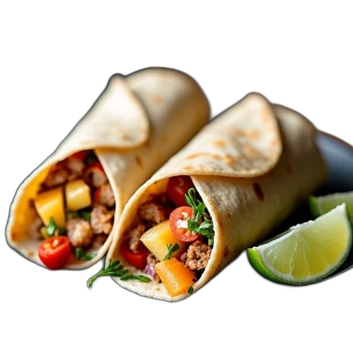 food, photorealistic, 3d render, close-up, view, two, burritos, black transparent PNG cut-out
