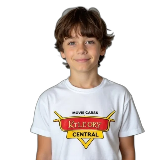 young, boy, wearing, white, t-shirt, text, movie, cars transparent PNG cut-out