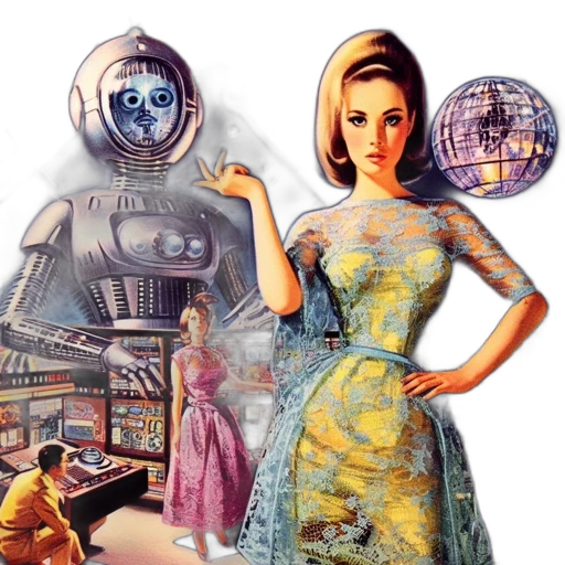 robot, dress, concept art, comic book art, outer space, retro, sci-fi, scene transparent PNG cut-out