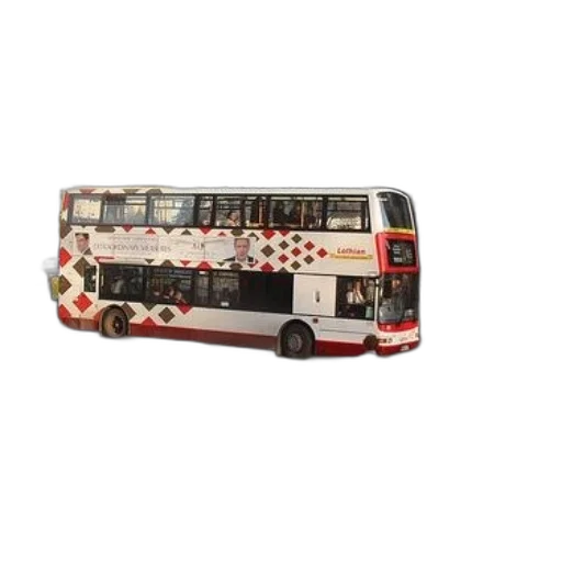 3d render, photorealistic, double-decker, bus, red, white, pattern, driving transparent PNG cut-out