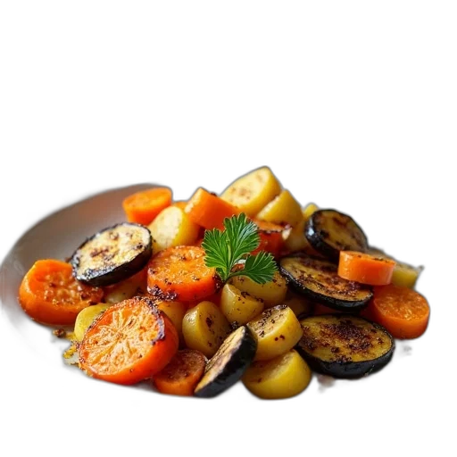 food, photorealistic, 3d render, plate, roasted, vegetables, including, carrots transparent PNG cut-out