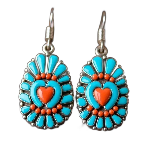 jewelry, zuni, style, turquoise, coral, inlay, earrings, native transparent PNG cut-out