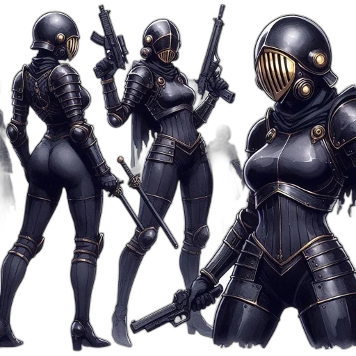 concept art, cyberpunk, comic book art, fantasy art, dark, monochrome, female, warrior transparent PNG cut-out