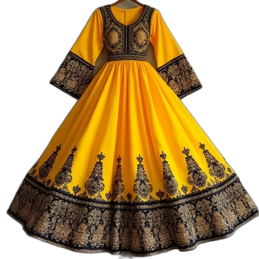 dress, golden, yellow, black, anarkali, embroidered, border, bottom transparent PNG cut-out